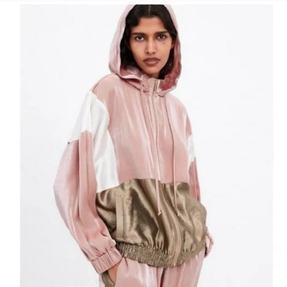 Zara Color Block Hooded Zip Front Jacket Windbreaker size large - Picture 1 of 14
